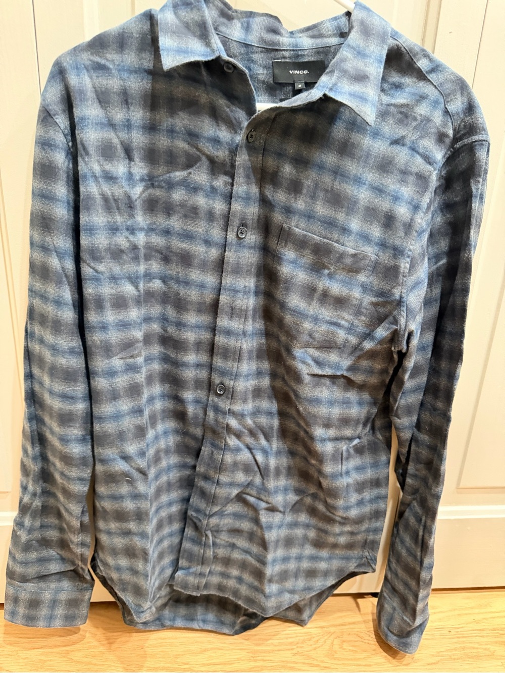 Vince Men's Grey and Blue Plaid Button-Down Shirt